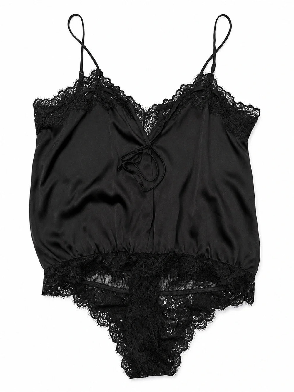 Free People Black Satin Lace-Trim Teddy